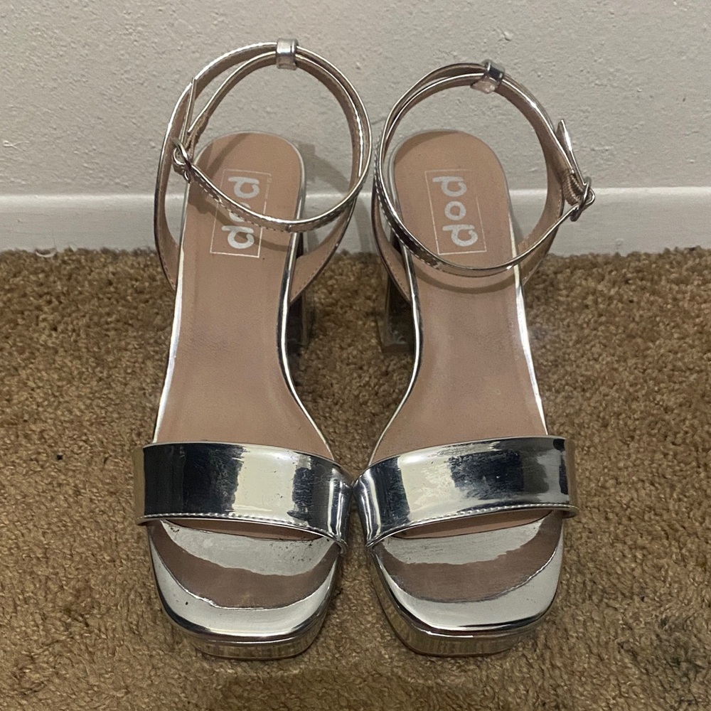 POP Metallic Silver Ankle-Strap Block Heels